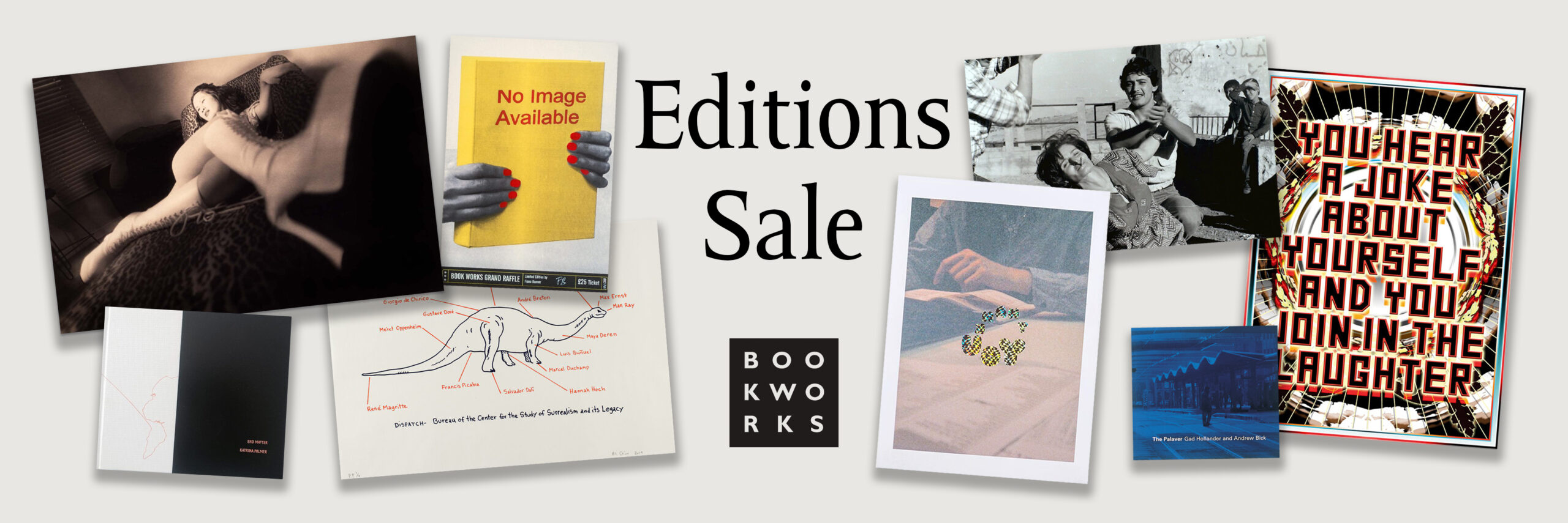 A banner advertising an editions sale, stating 'Editions Sale' in black with the Book Works logo underneath, and a selection of images of our special editions around it.